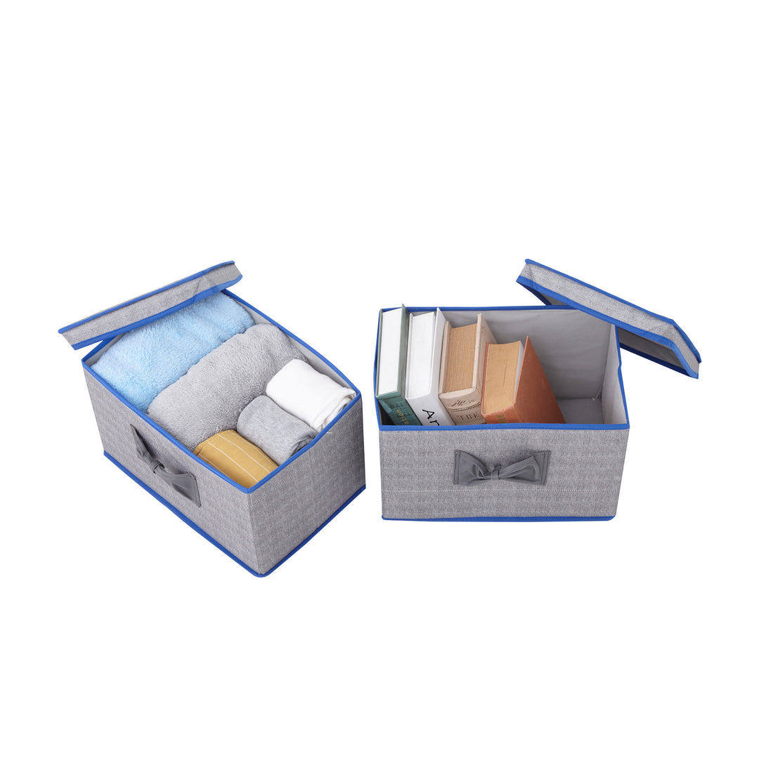 Teamson Home Fabric Storage Cubes with Lids, Gray with Blue Trim with towels in one, books in another