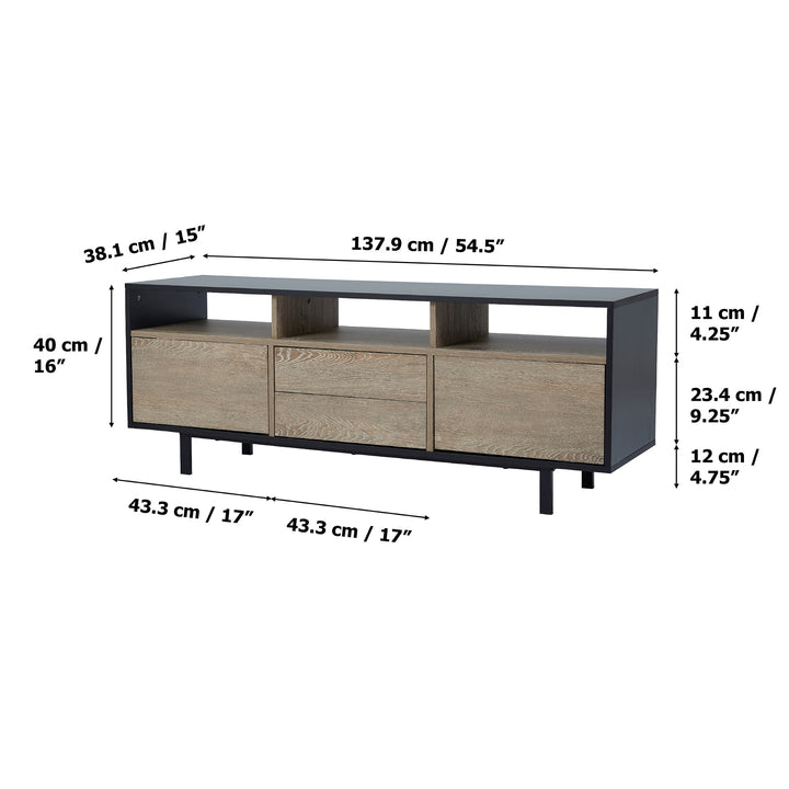Teamson Home Bryson TV Stand for Flat Screen TVs up to 65” with 2 Doors, 3 Open Shelves, & 2 Drawer Storage, Black/Rustic Oak