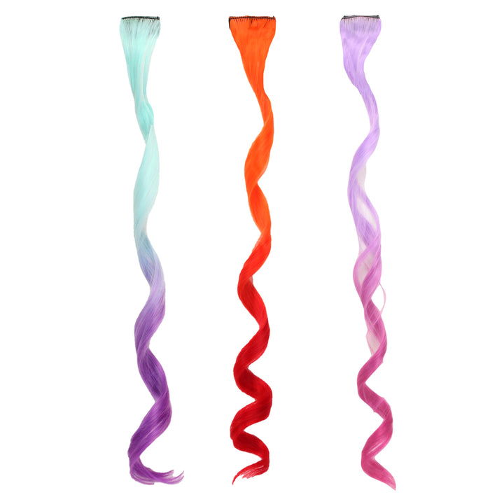 Sophia’s Set of 3 Dress Up Fun Long Curly Colorful Ombre Rainbow Clip-In Hair Extensions for 18” Dolls, Aqua/Orange/Lavender