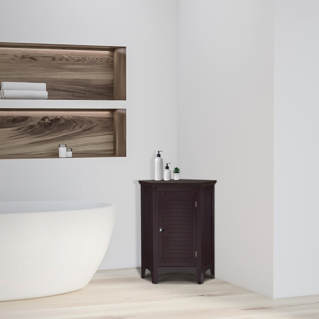 Modern bathroom interior with a freestanding bathtub, wooden shelves, and a Dark Brown Glancy Corner Floor Cabinet with a louvered door and a chrome knob