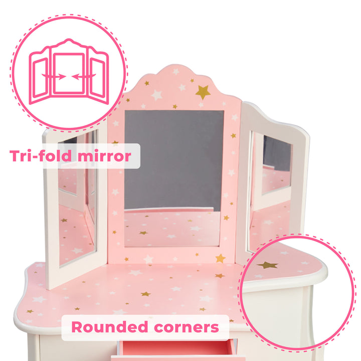 A pink and white Fantasy Fields Gisele Play Vanity Set with Mirrors, Pink/White featuring stars.
