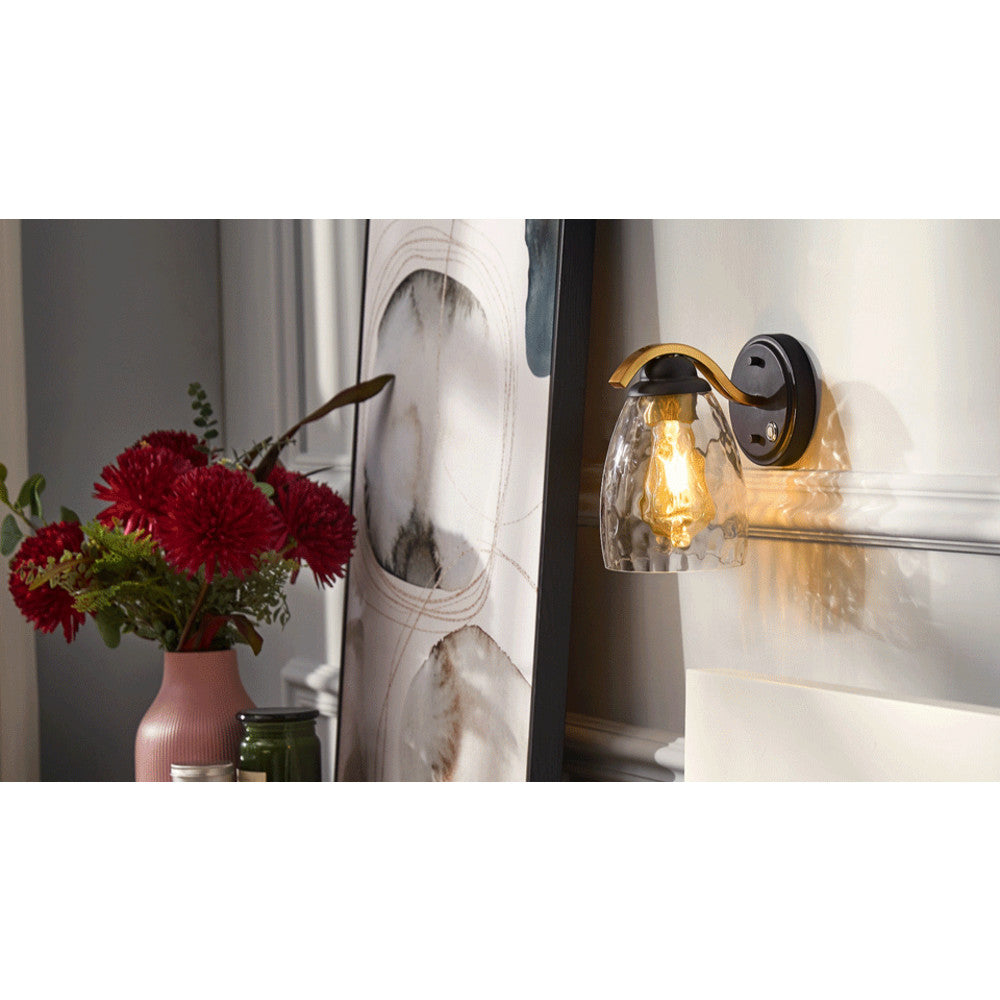 Heidi Dimmable 1-Light Armed Wall Sconce with 3-Stage Touch Dimmer & Clear Hammered Glass Cloche Shade, Black/Brass