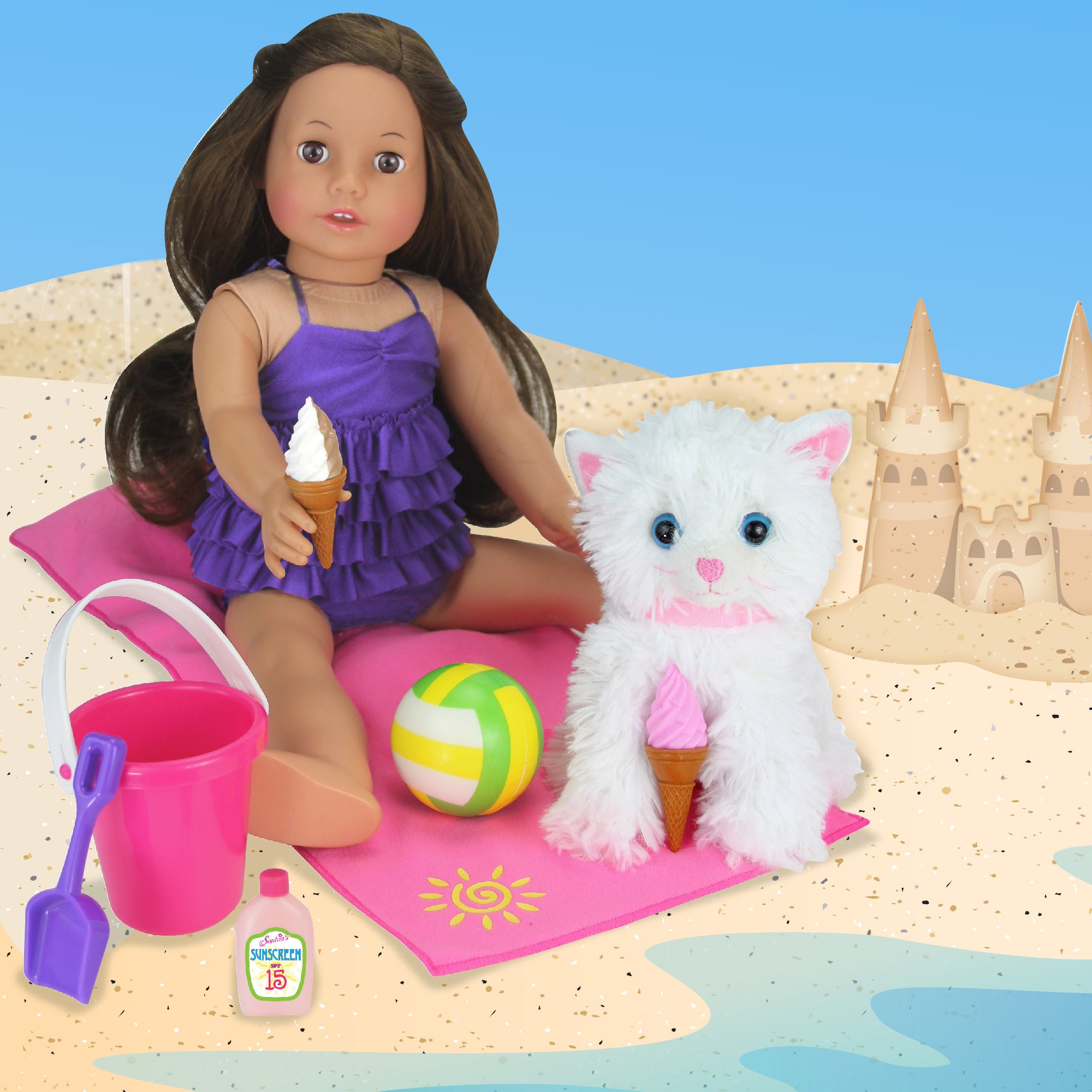 Sophia’s Complete Beach Day Play Set with Towel, Bucket, Shovel, Ball, Ice Cream Cones, Ice Cream Holder, & Pretend Sunscreen Bottle for 18” Dolls