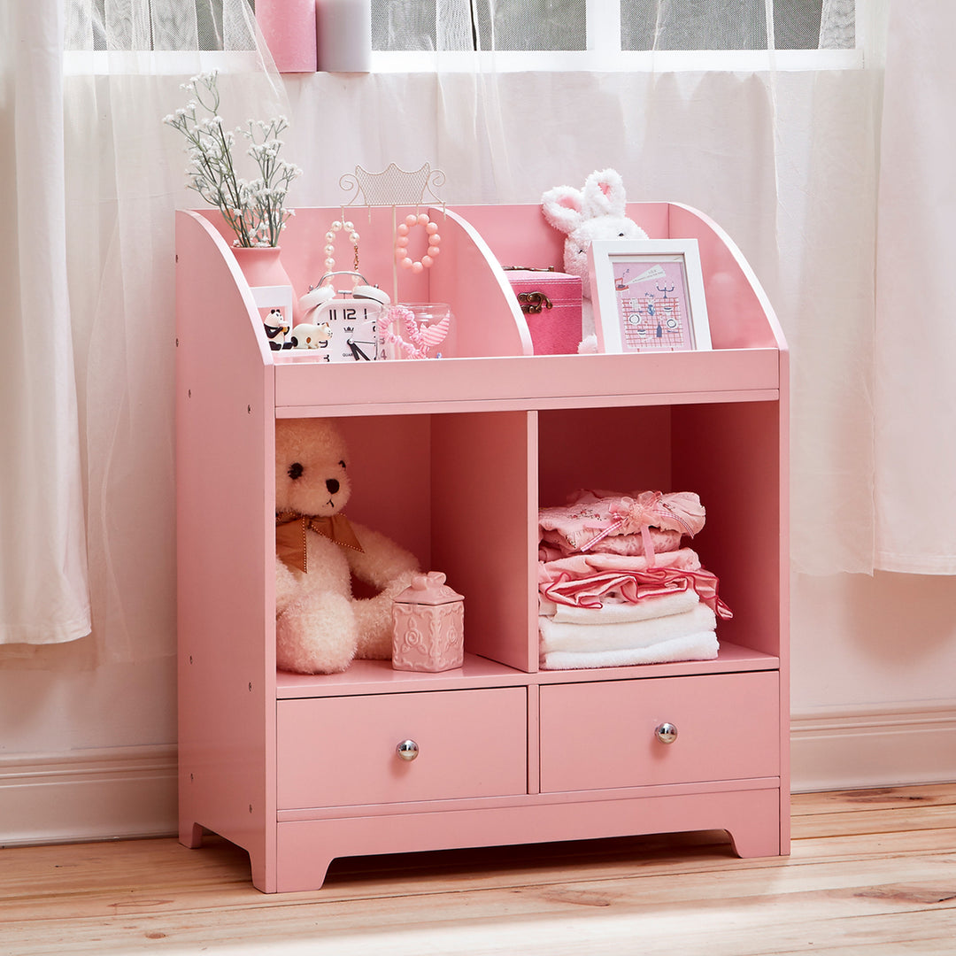 A Fantasy Fields Little Princess Cindy 3 Tier Toy Cubby Storage with Drawers, Pink with teddy bears and a teddy bear from Fantasy Fields by Teamson Kids.