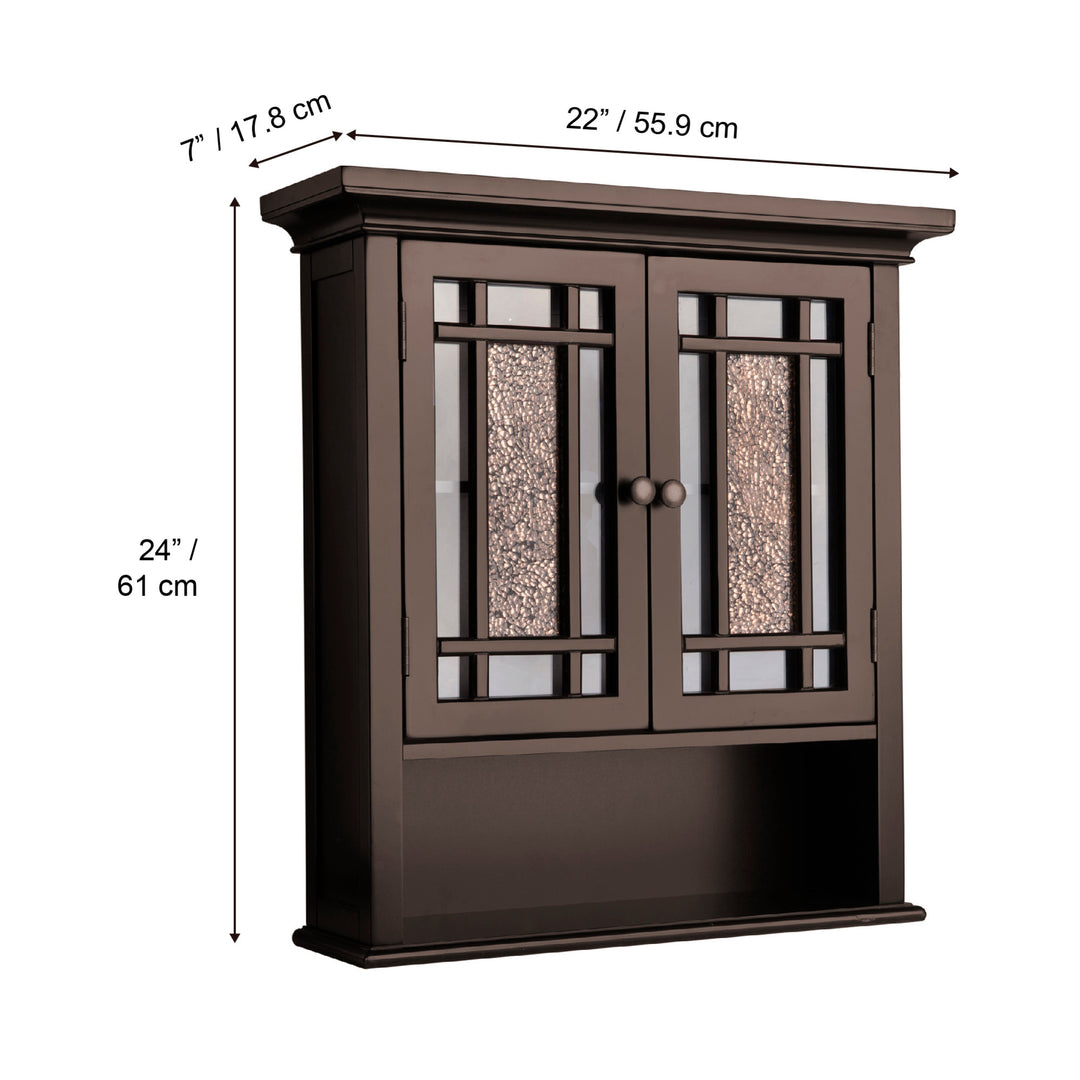 Dimensions in inches and centimeters off the Teamson Home Dark Espresso Windsor Removable Wall Cabinet with Glass Mosaic Doors