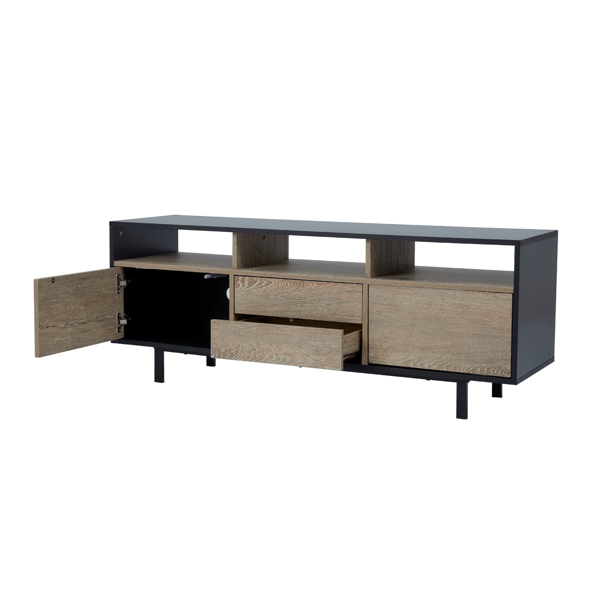 Teamson Home Bryson TV Stand for Flat Screen TVs up to 65” with 2 Doors, 3 Open Shelves, & 2 Drawer Storage, Black/Rustic Oak