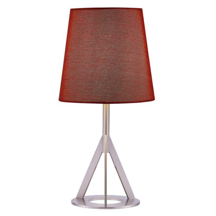 A Teamson Home Aria 15" Modern Table Lamp with Round Red Shade and a geometric nickel base.