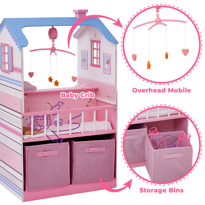 Callouts of the crib, mobile, and storage bins with captions "baby crib", "overhead mobile" and "storage bins"