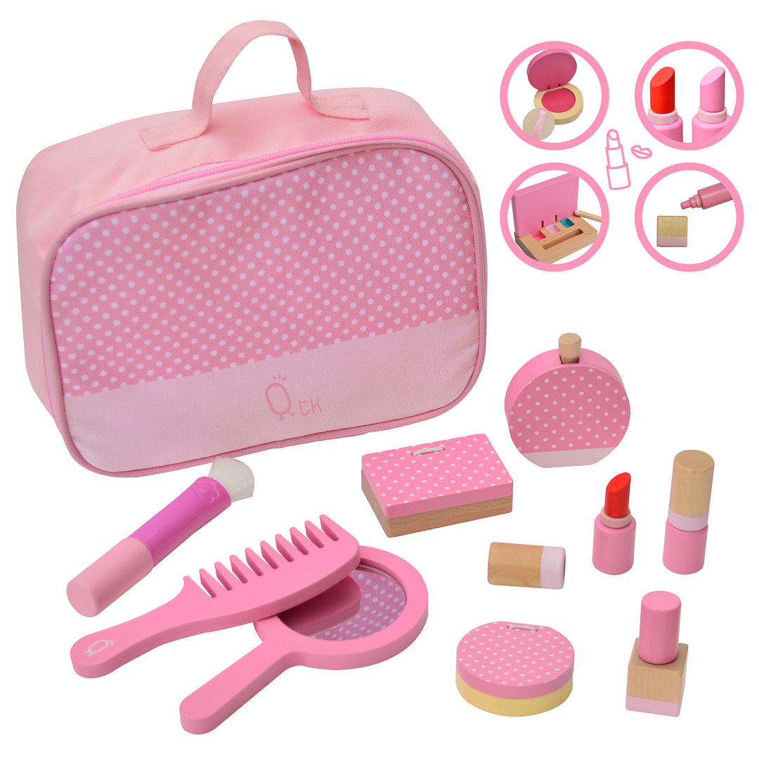 Teamson Kids - Fashion Polka Dot Print Chloe Wooden Vanity  Accessories Makeup kit with callout illustrations of an open compact, open lipstick, open eyeshadow pallet, and open nail polish