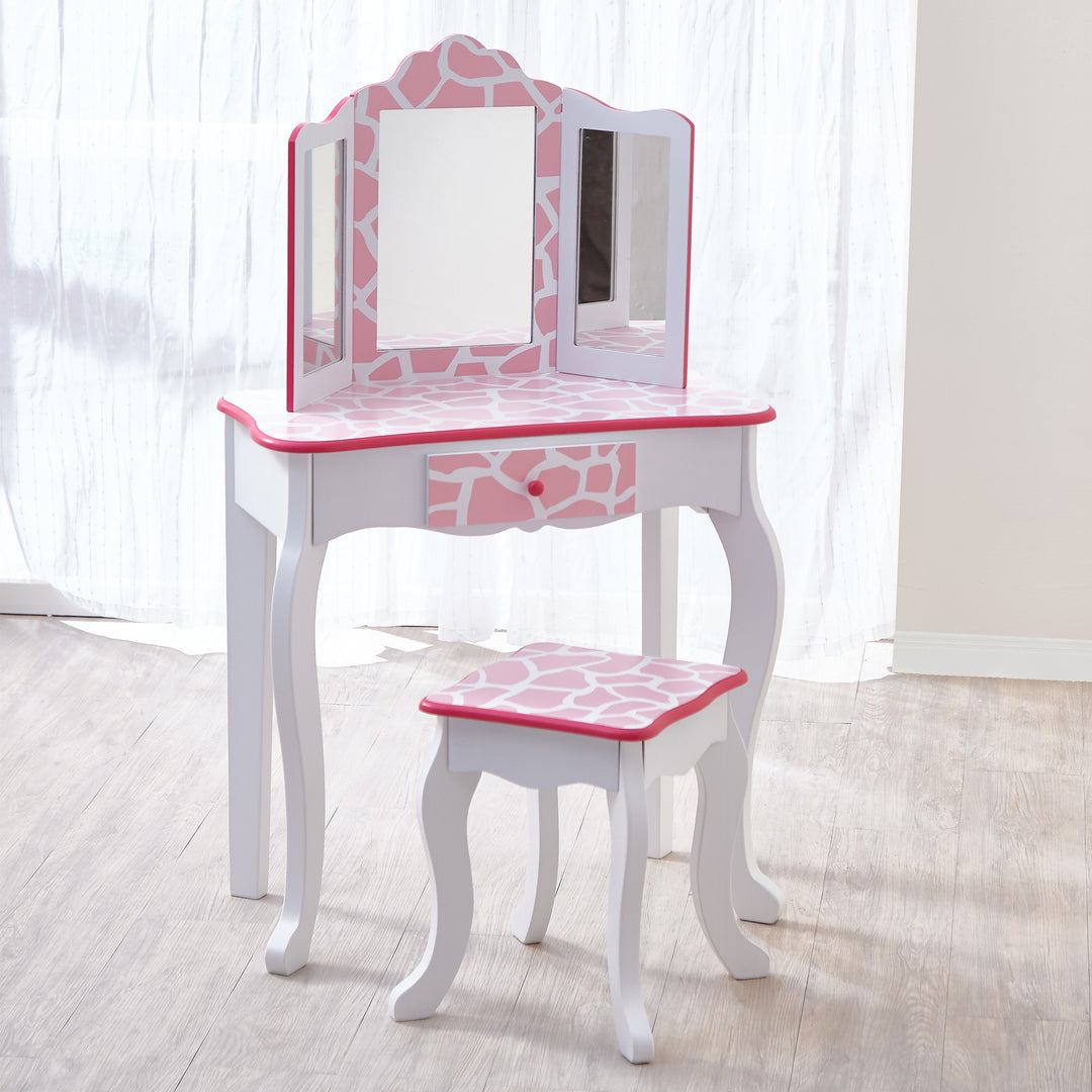 Fantasy Fields Gisele Giraffe Prints Play Vanity Set, Pink/White with stool and mirror.