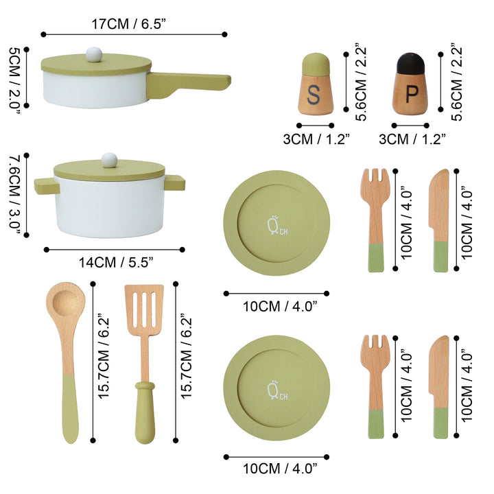 A collection of Teamson Kids Little Chef Frankfurt Wooden Cookware Play Kitchen Accessories, Green with their dimensions, including pots, lids, salt and pepper shakers, and wooden utensils.