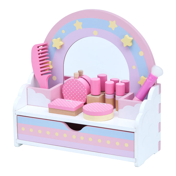 Teamson Kids - Little Dreamer Rainbow Tabletop Vanity in white with a rainbow and pretend pink beauty supplies.
