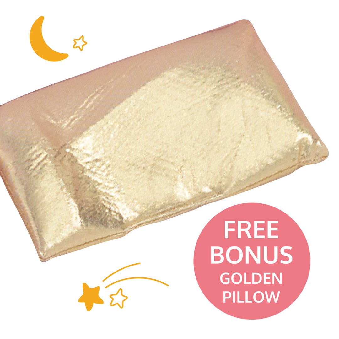 A picture of a gold pillow with the caption, "Free Bonus Golden Pillow"