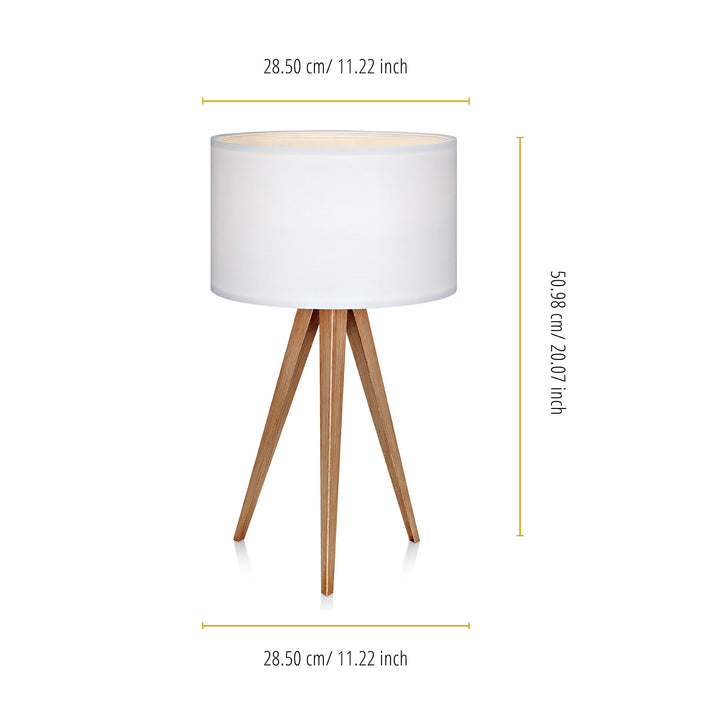 Dimensions in inches and centimeters of a Teamson Home Romanza 20" Natural Wood Tripod Table Lamp with White Drum Shade