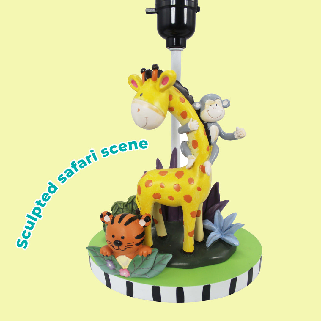 The Fantasy Fields Kids Sunny Safari Table Lamp, Multicolor with a giraffe and a tiger on it, perfect for a child's bedroom.