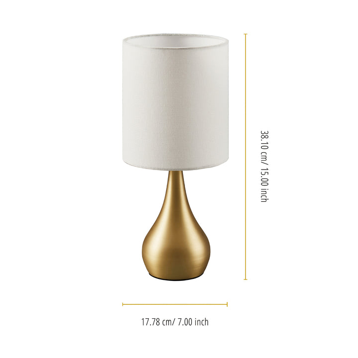The dimensions in inches and centimeters for the table lamp.