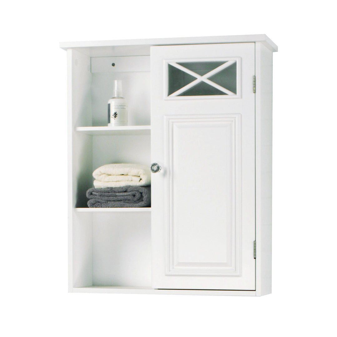 Dawson Removable Wooden Wall Cabinet with Open Shelving - White - with towels and toiletries on the open shelves