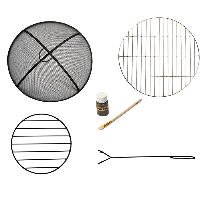 Items included with a Teamson Home Outdoor 24" Wood Burning Fire Pit with Grill Grate and Faux Concrete Base, Gray: a mesh spark screen, BBQ grill grate, metal grate, touch up paint and brush and poker