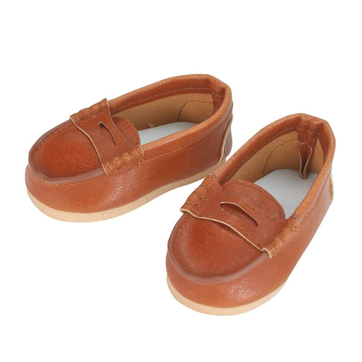 A pair of brown penny loafers for 18" dolls.
