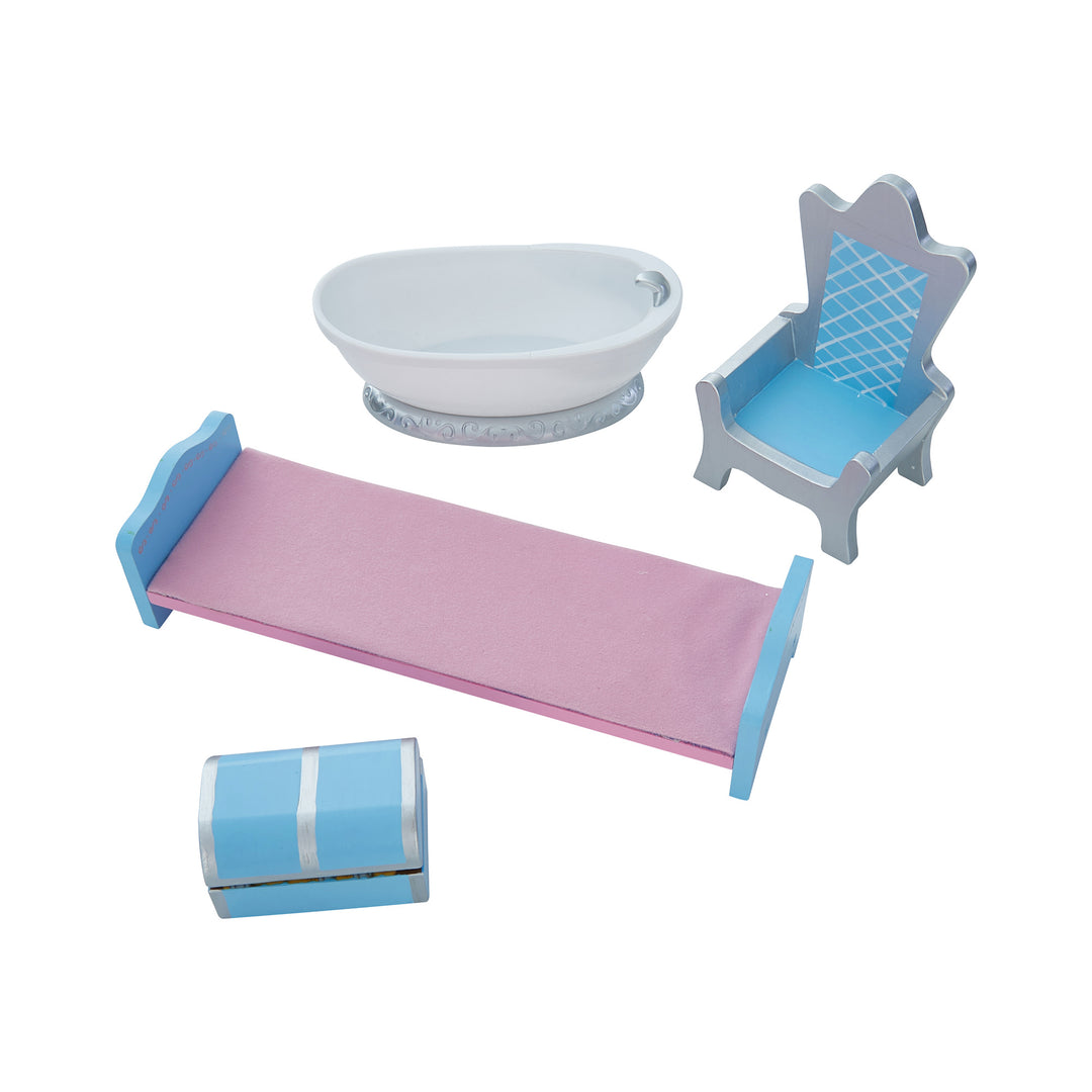 Accessories for 12" dolls include a white bathtub, a silver and blue throne, a blue and pink bed and a blue and silver chest.