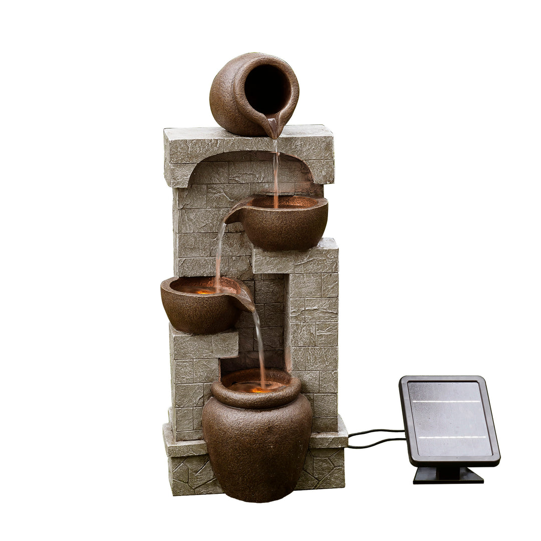 Teamson Home Solar Powered 4-Tier Cascading Bowls Water Fountain with LED Lights, Brown with solar panel