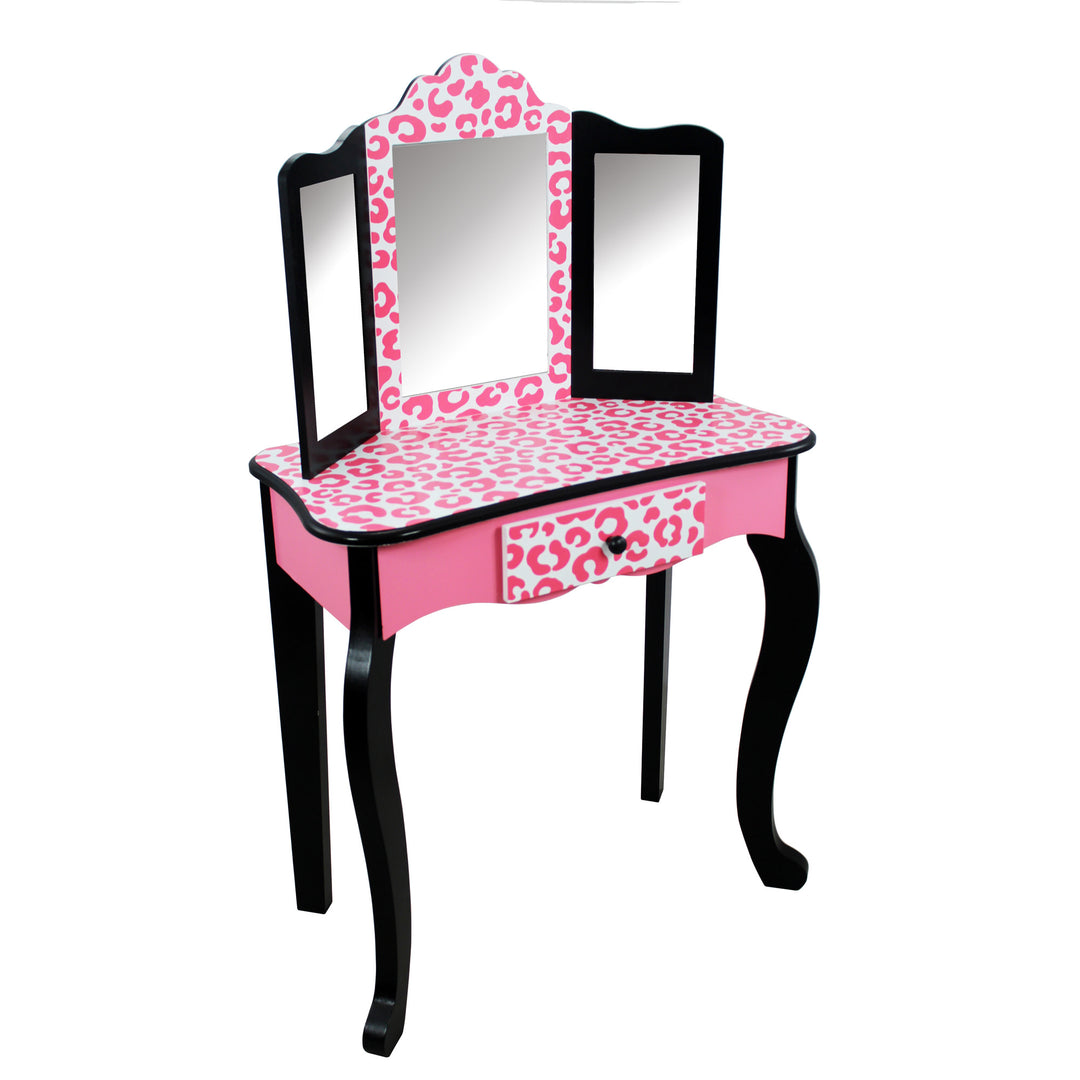 A Fantasy Fields Gisele Leopard Print Vanity Playset, Pink / Black with a mirror.