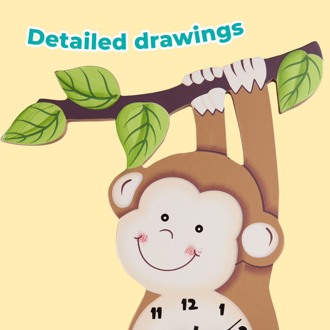 A Fantasy Fields Kids Wooden Sunny Safari Monkey Wall Clock hanging on a tree branch with detailed drawings, perfect for kids' learning.