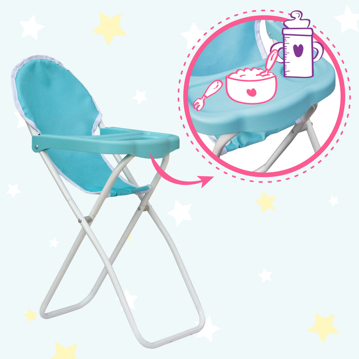 An infographic for a blue and white baby doll high chair with a tray and icons of a fork, bowl and bottle depicted.