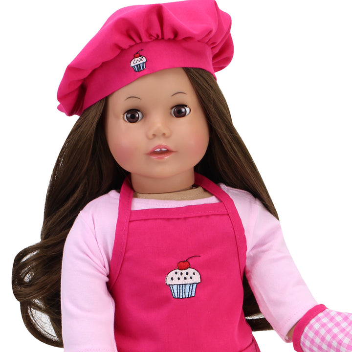 Sophia’s Cupcake Baking Apron, Hat, & Gingham Oven Mitts Complete Matching Accessory Set for 18” Dolls, Hot Pink