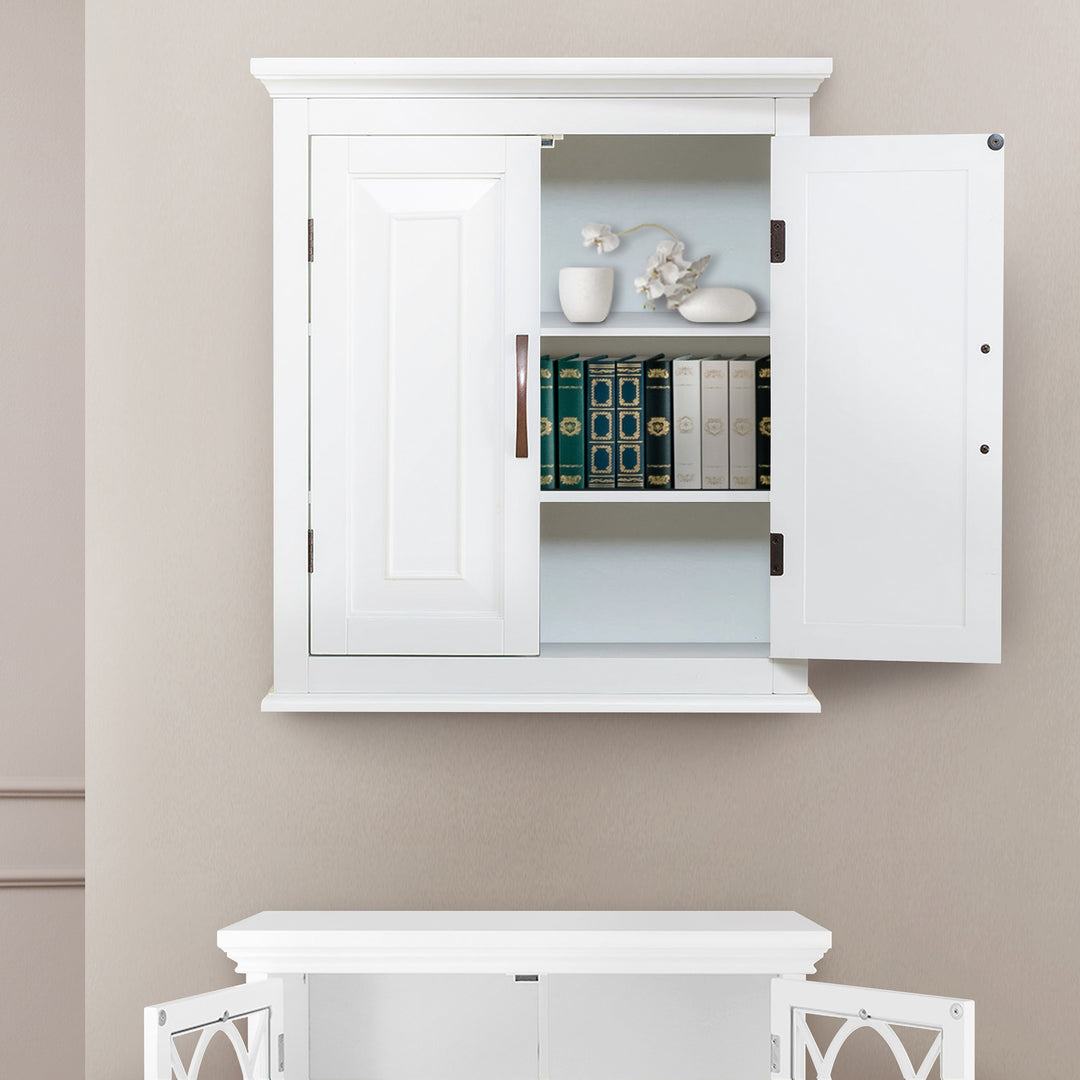 Teamson Home White St. James Removable Wall Cabinet with the right door open to reveal two shelves with books and decor stored inside