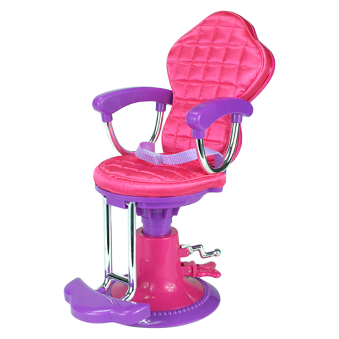 A Sophia's Salon Chair with Adjustable Height and Quilted Set for 18" Dolls, Hot Pink on a white background.