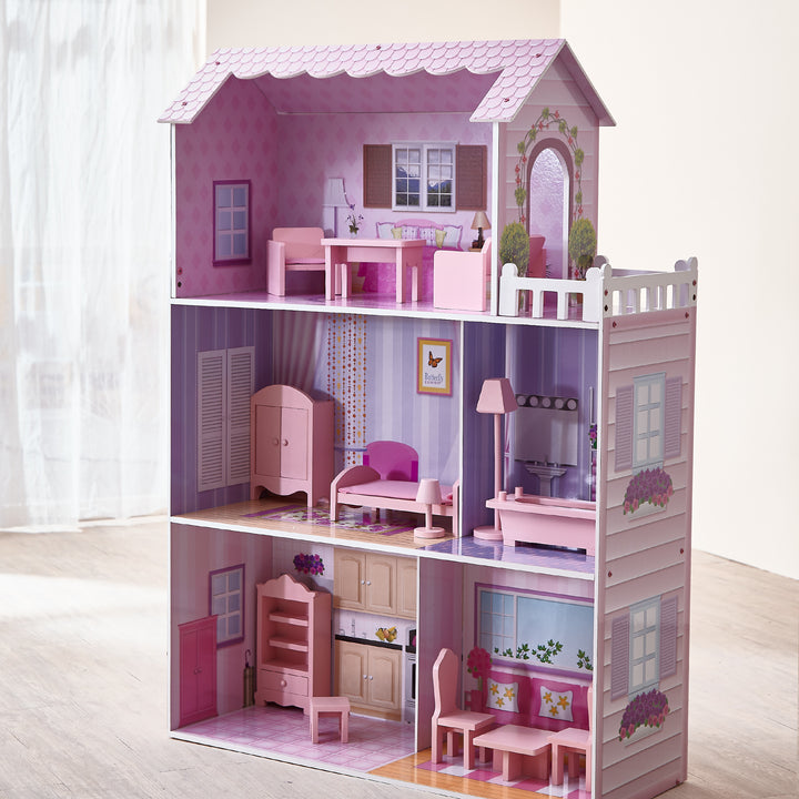A Olivia's Little World Dreamland Tiffany Dollhouse with 12 Accessories, Pink/Purple with wooden construction, furniture, three stories tall.