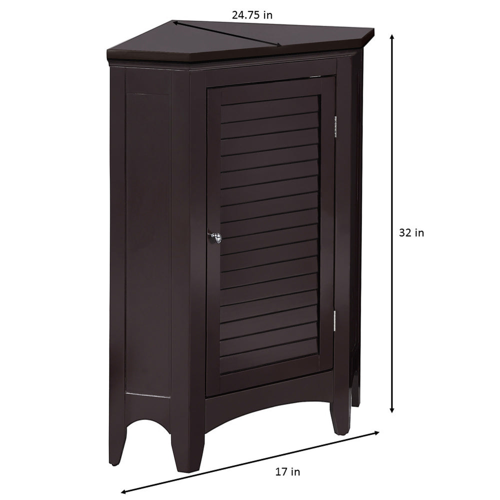 Dimensions in inches of the Dark Brown Glancy Corner Floor Cabinet with a louvered door and a chrome knob