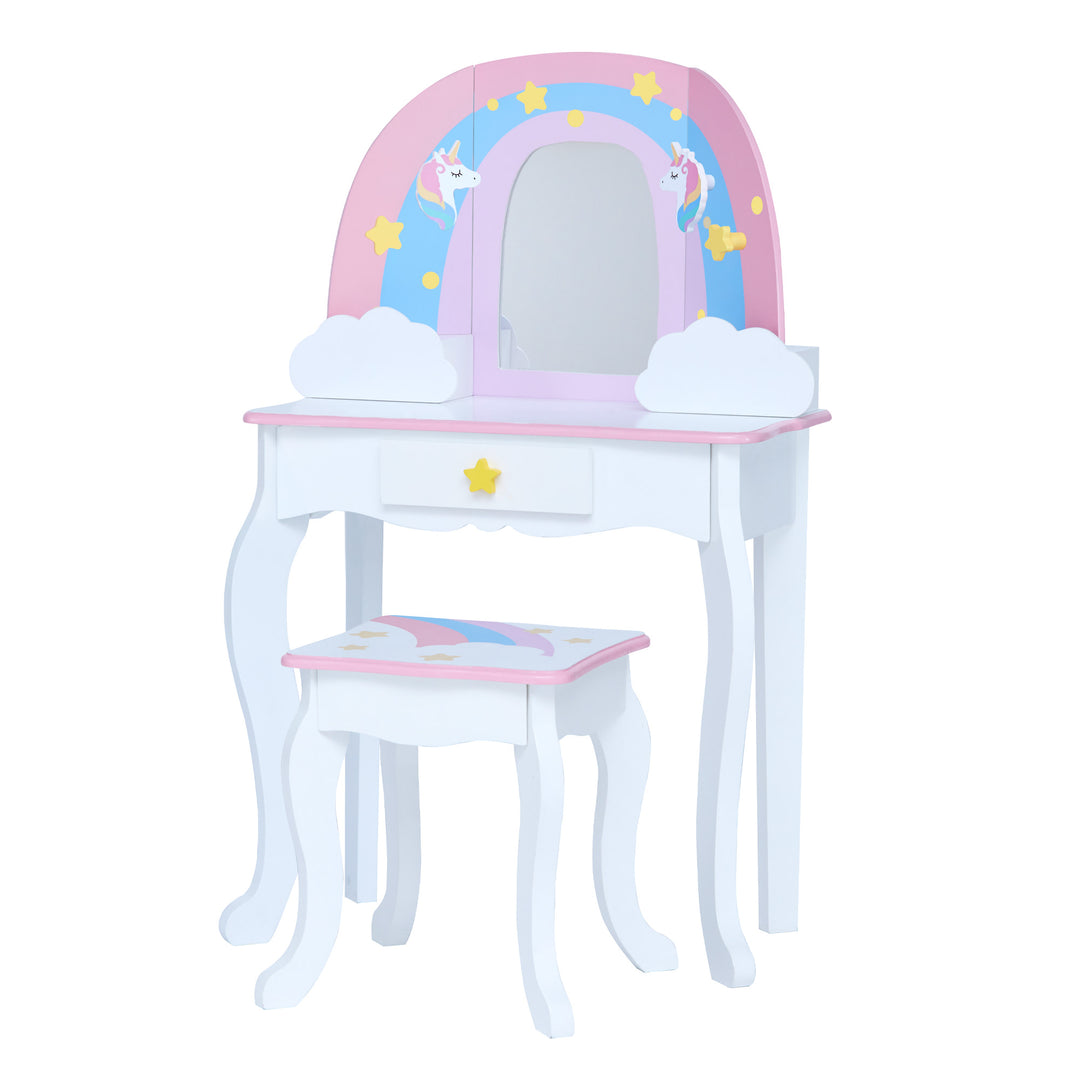 A white vanity table and stool with a rainbow, unicorns, stars, and a mirror.