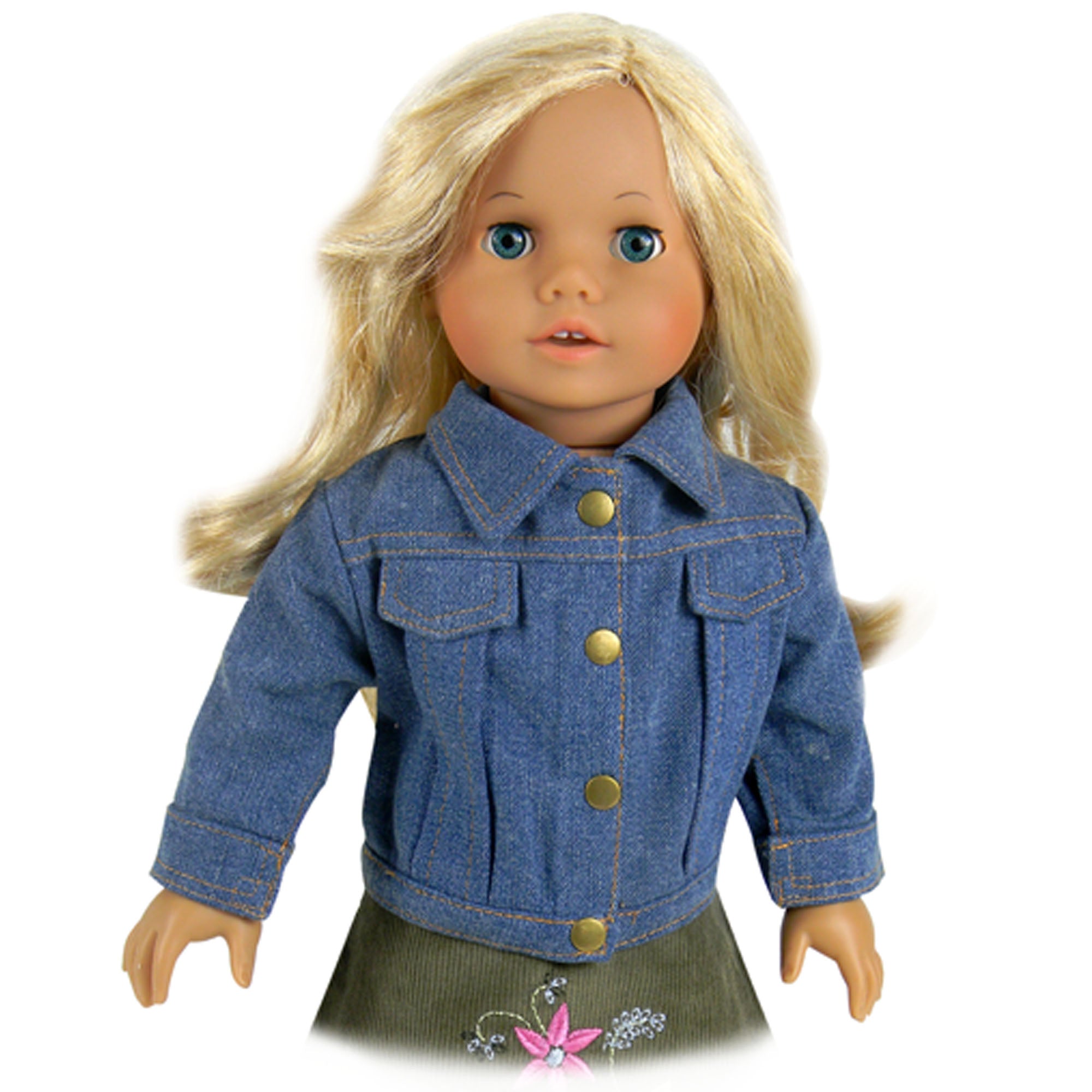 Sophia’s Gender-Neutral Mix & Match Denim Jean Jacket with Exposed Gold Stitching & Metallic Gold Buttons for 18” Dolls, Indigo Blue