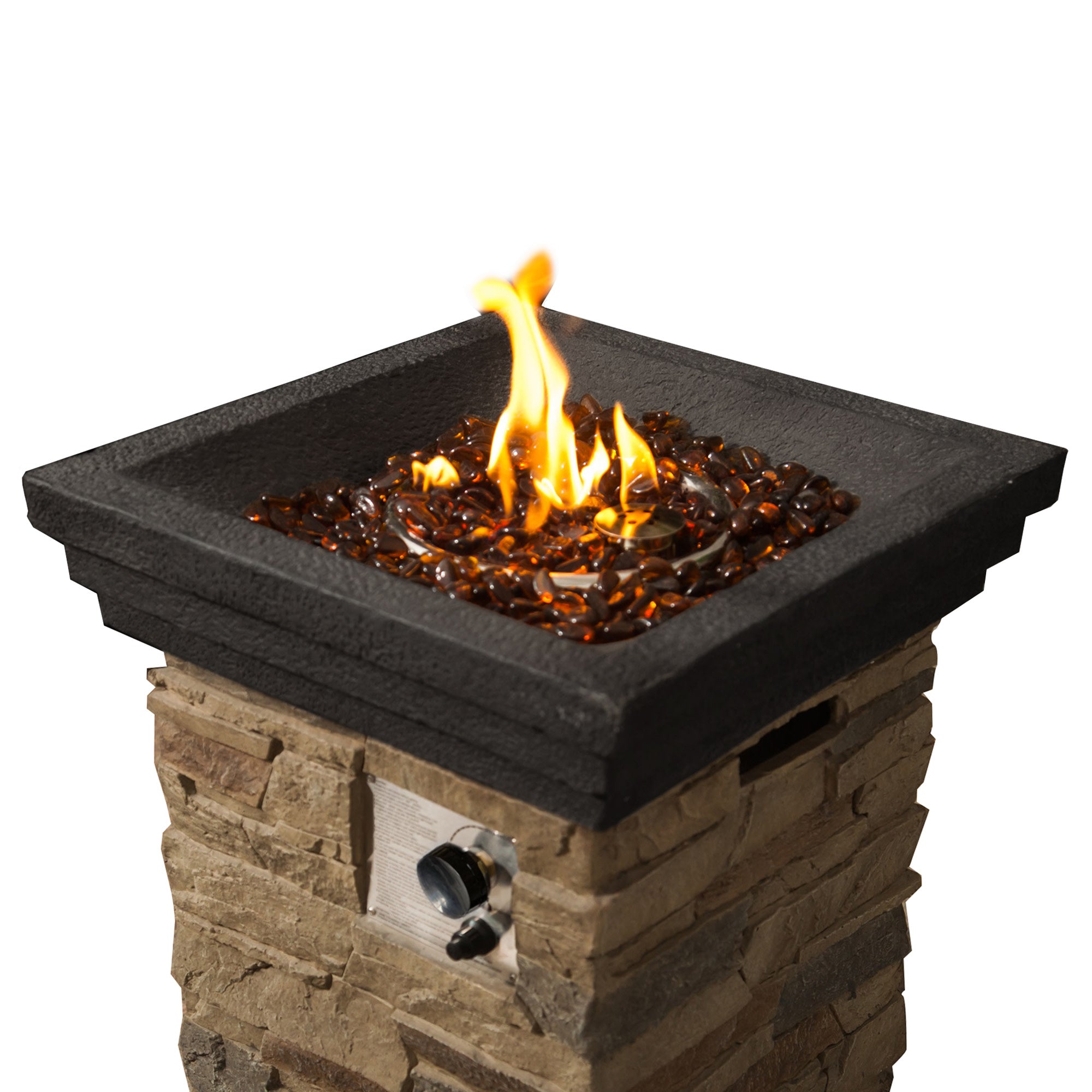 Teamson Home 20" Outdoor Square Slate Rock Propane Gas Fire Pit with Natural Stone Steel Base, Brown