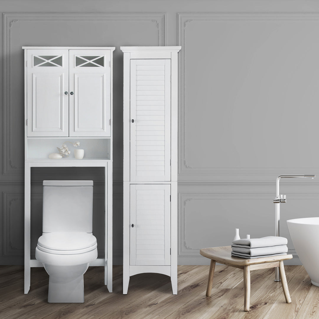 Minimalist white bathroom interior with a durable toilet, freestanding bathtub, and a White Teamson Home Dawson Over the Toilet Storage Cabinet