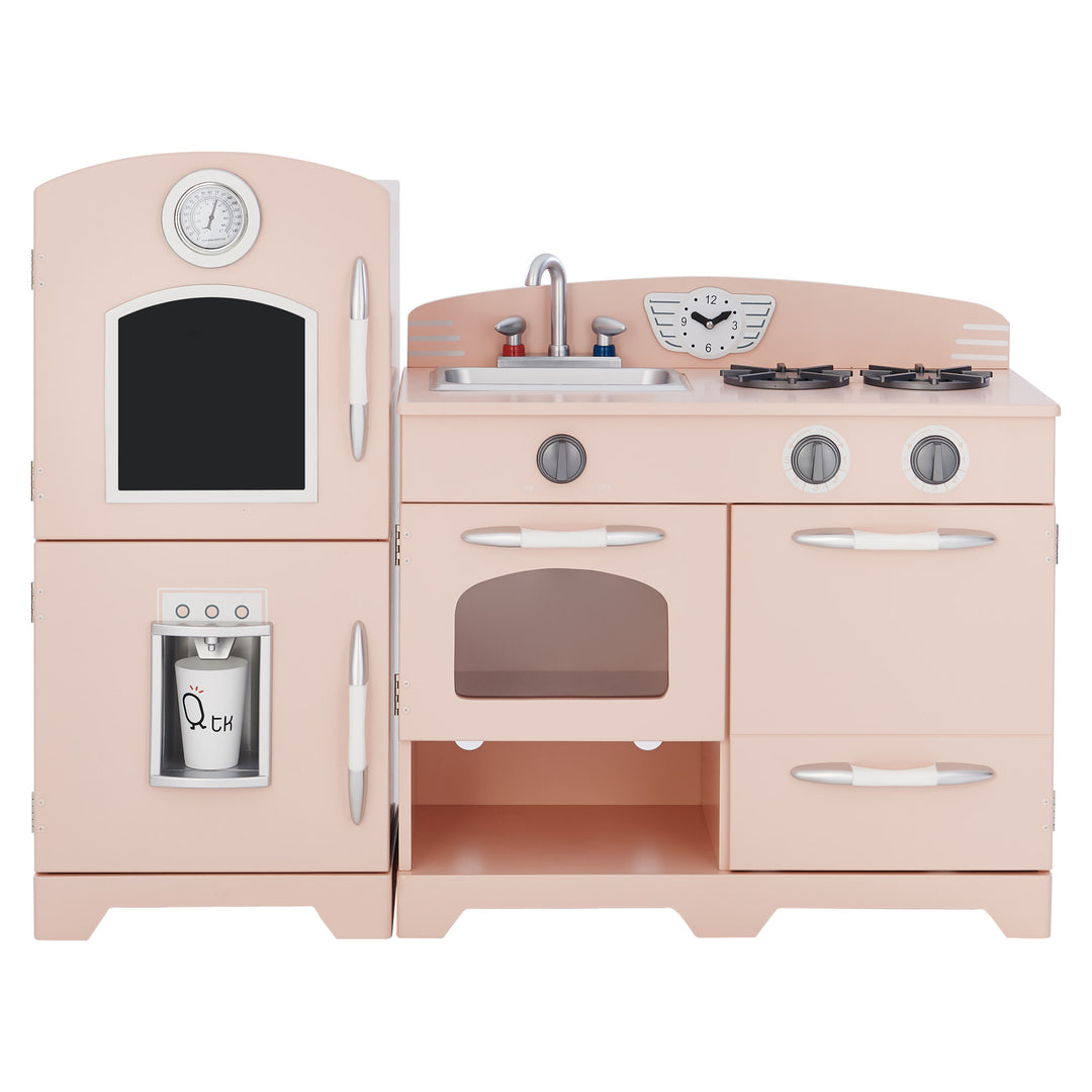 Teamson Kids Pink Little Chef Fairfield Retro Kids Kitchen Playset with Refrigerator, with stove, oven, and sink, crafted from durable MDF and designed as an interactive kids play kitchen set.