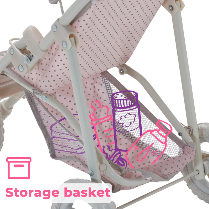 A callout with illustrations of the storage basket underneath the seating area of the baby doll stroller.