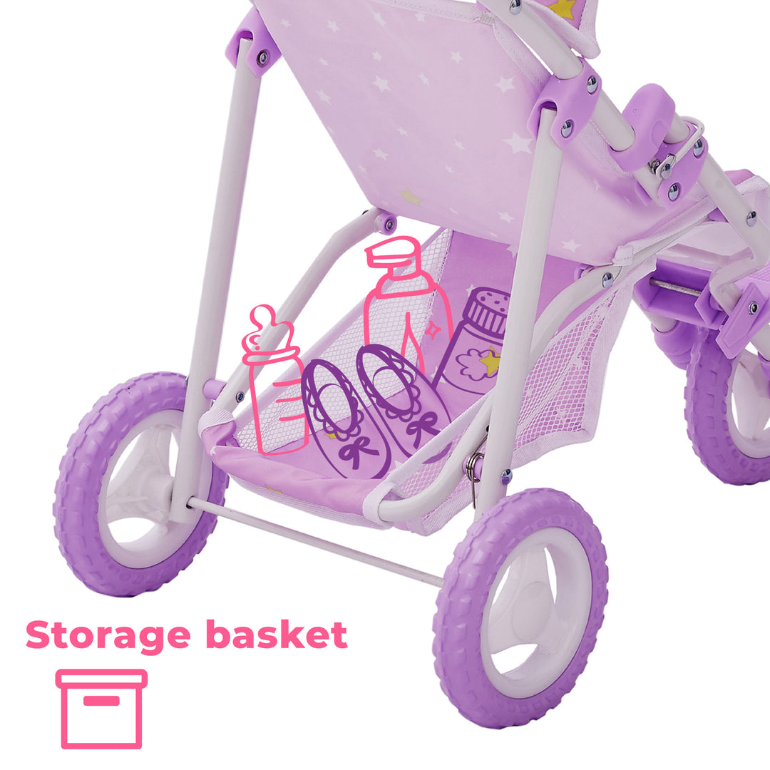Callout and illustrations inside the storage basket below the seating area of the jogging stroller.