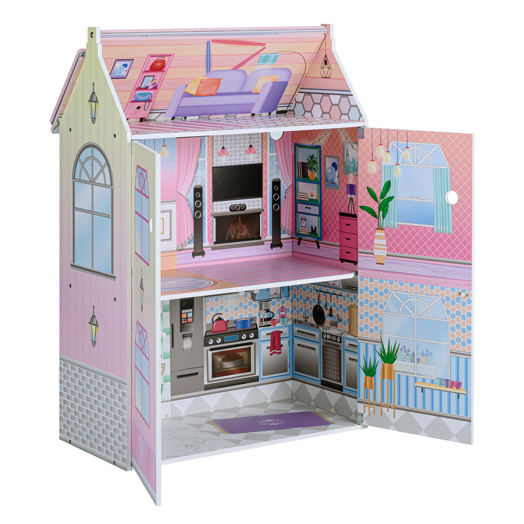A view of the multicolored dollhouse opened up, revealing three floors.