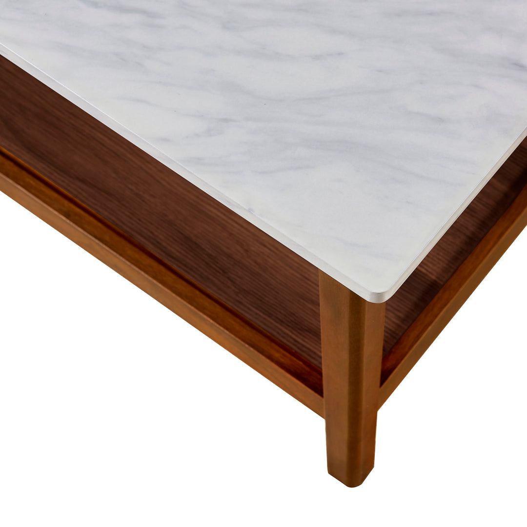 Teamson Home's Kingston Wooden Coffee Table with Faux Marble tabletop and Walnut-finished frame.
