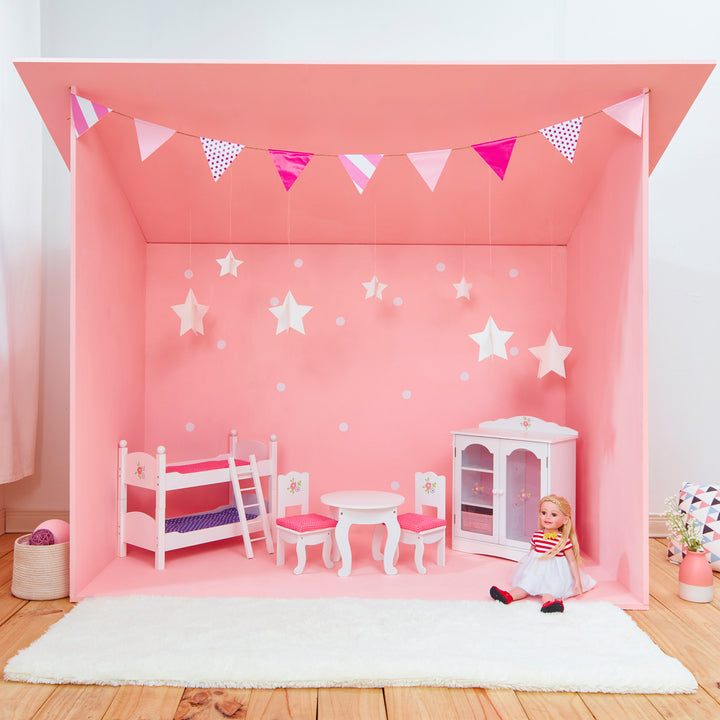 A princess-themed pink playroom with Olivia's Little World Polka Dots Princess 18" Doll Bunk Bed, Gray and a doll's dresser for 18" dolls.