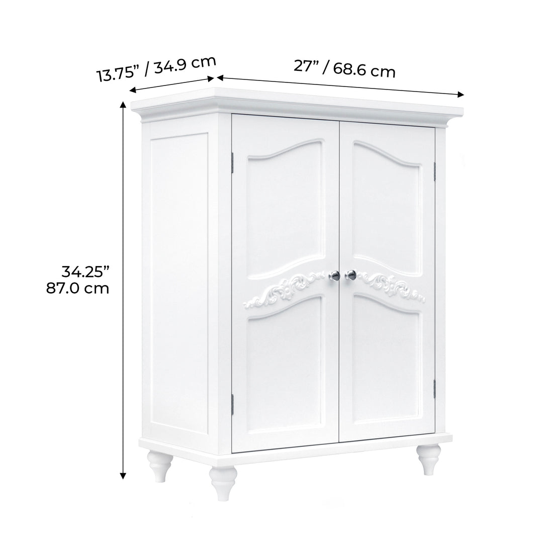 Dimensions in inches and centimeters of Teamson Home Versailles White Floor Cabinet with ornate detailing