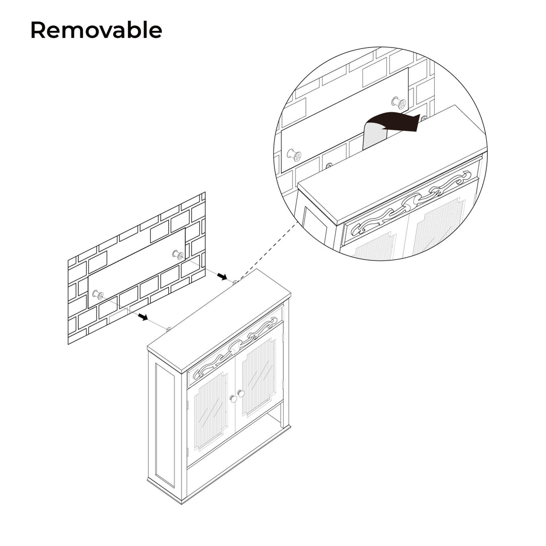 Exploded view diagram showing a Teamson Home Lisbon Removable Wooden Wall Cabinet with Drapery-Lined Doors, White panel with magnified detail of the durable design of the attachment mechanism.