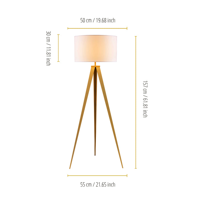 Teamson Home Romanza 62" Postmodern Tripod Floor Lamp with Drum Shade, Matte Gold/White with dimensions in inches and centimeters