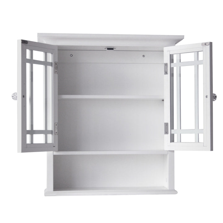 A Teamson Home White Neal Removable Wall Cabinet with the two glass panel doors open and the internal shelf exposed