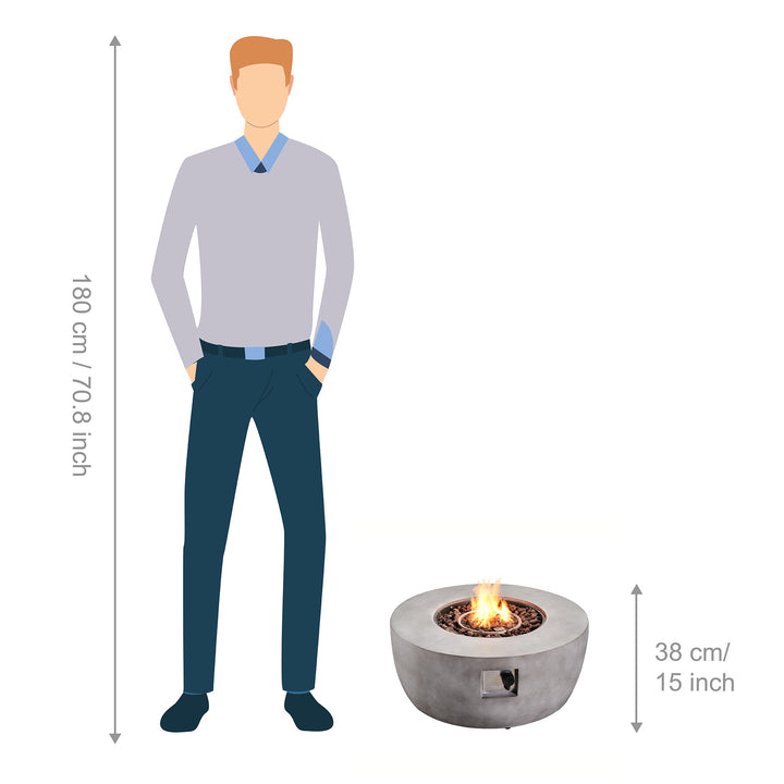 A size comparison between an average height and the firepit