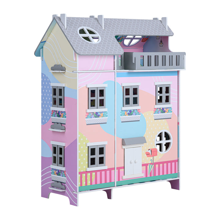 A pastel dollhouse with gray windows with opening shutter and gray shingles