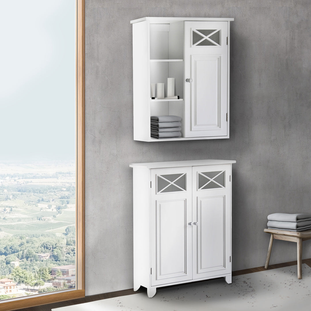 Dawson Removable Wooden Wall Cabinet with Open Shelving - White - on a gray wall next to a large window